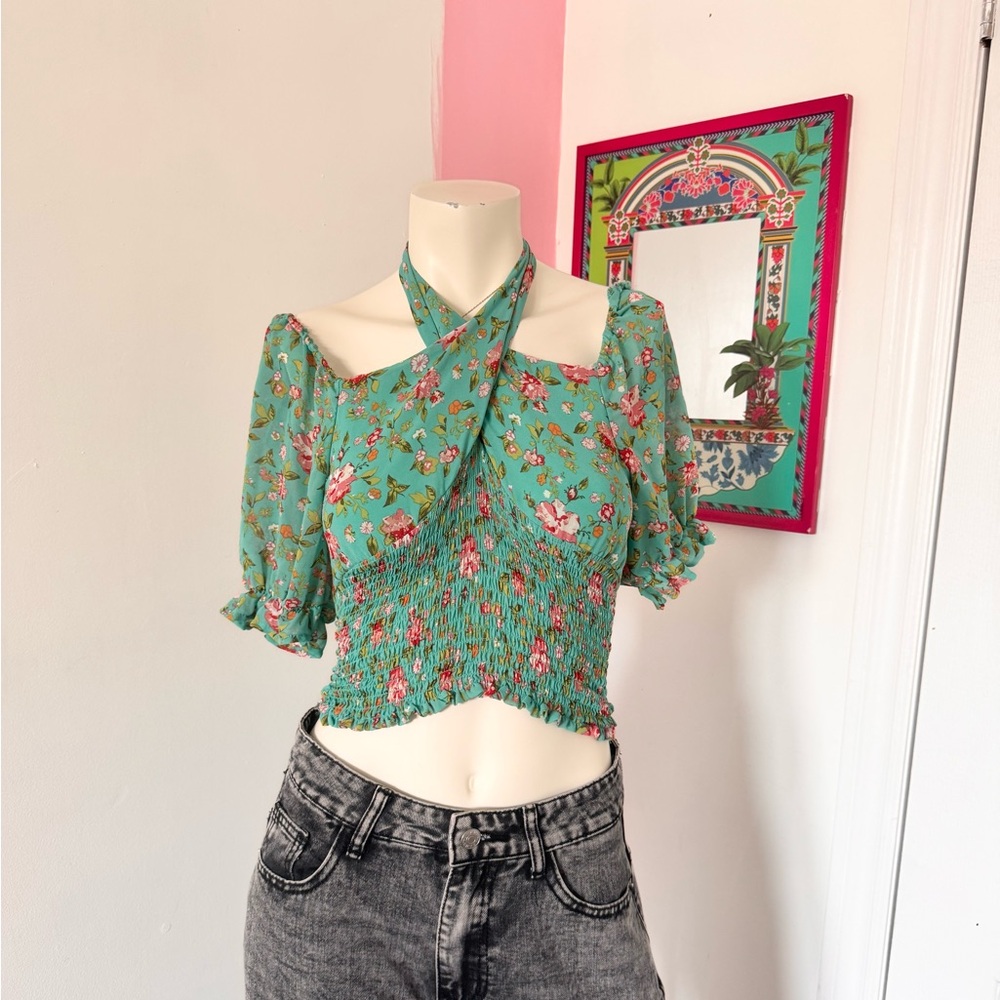No Frills Los Angeles Blue Green Floral Ruched Fitted Halter Top